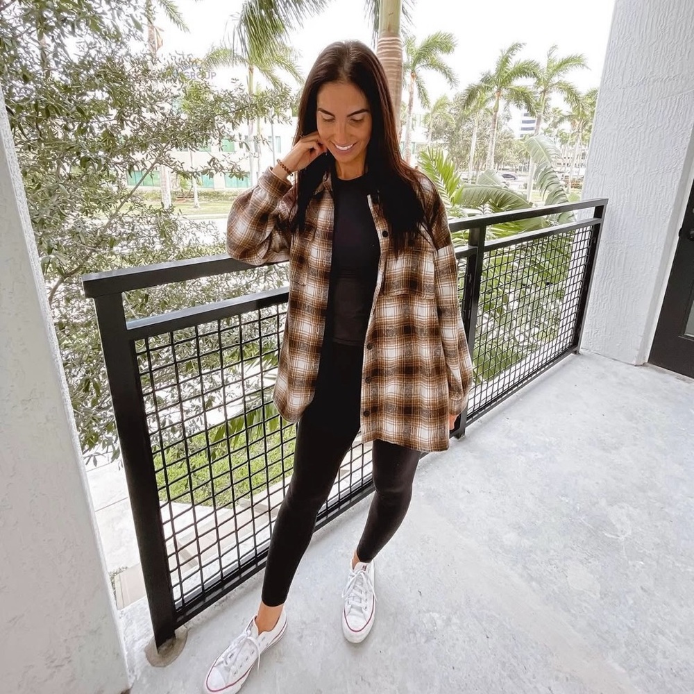 Lovers + Friends Brown & Cream Plaid Shacket